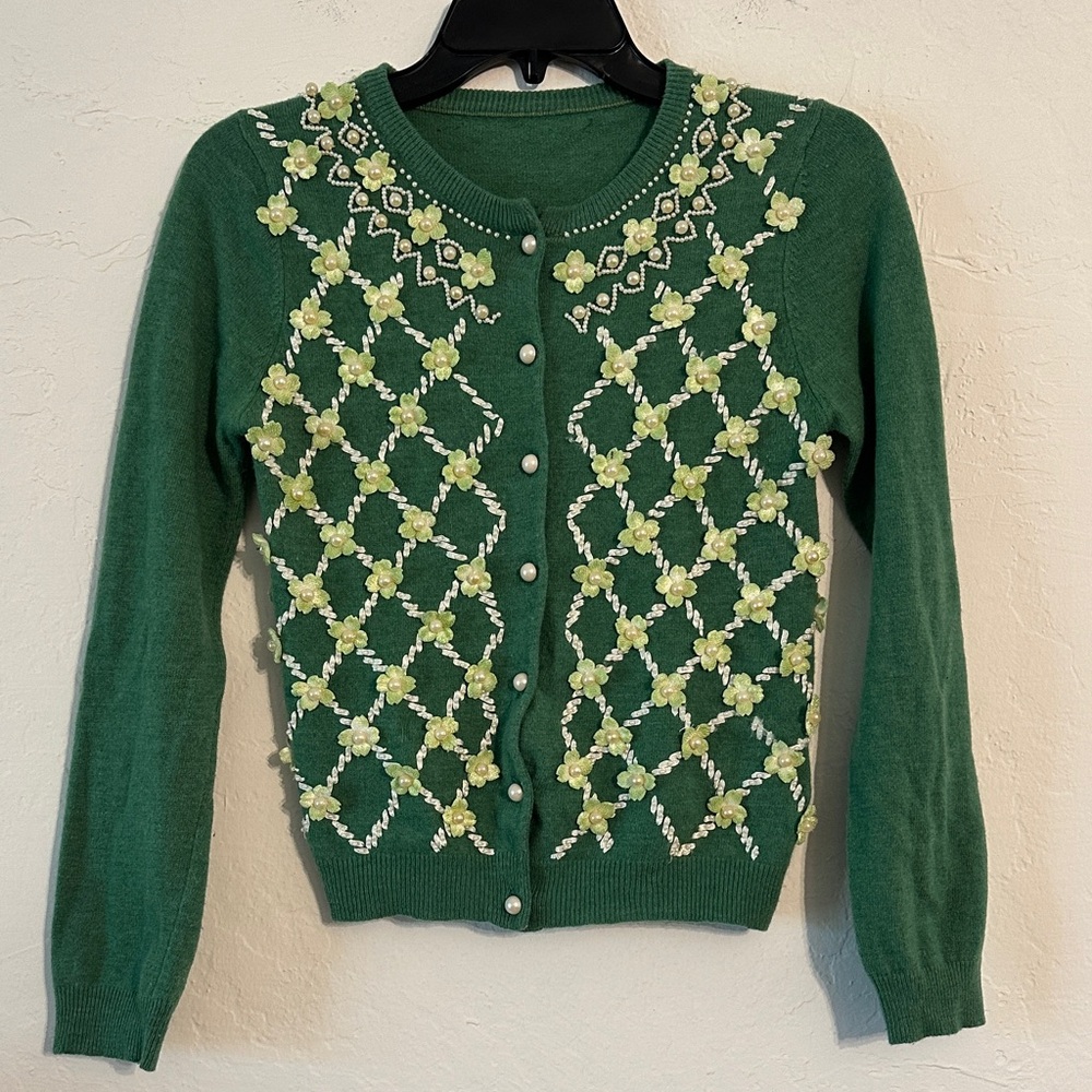 New London‎ Embellished Wool Cardigan – Green Floral Pearl Beaded Sweater